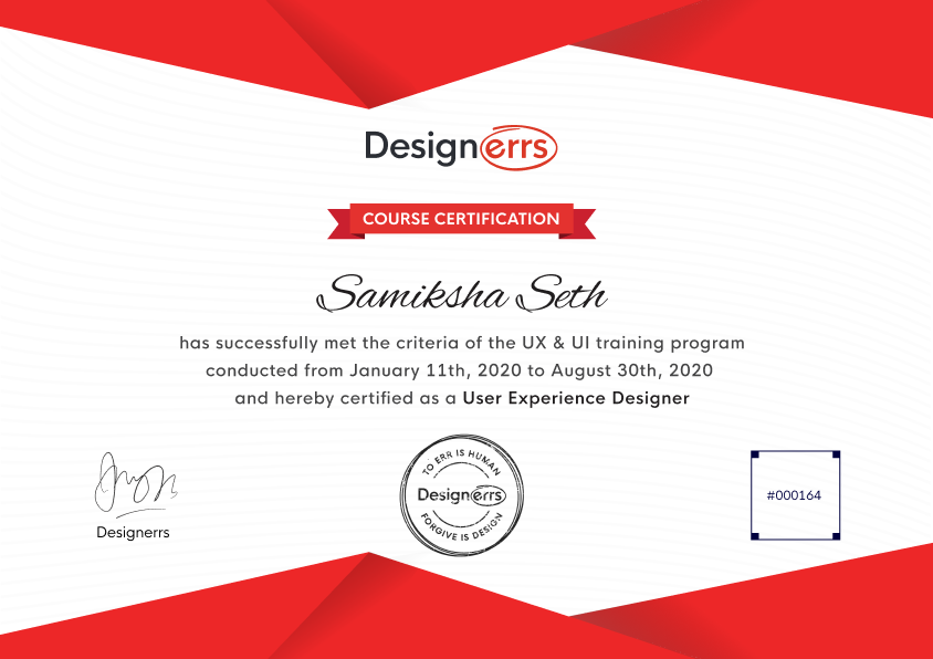 Samiksha Seth Completed UI UX Design Course Training and Certification from Designerrs Lab